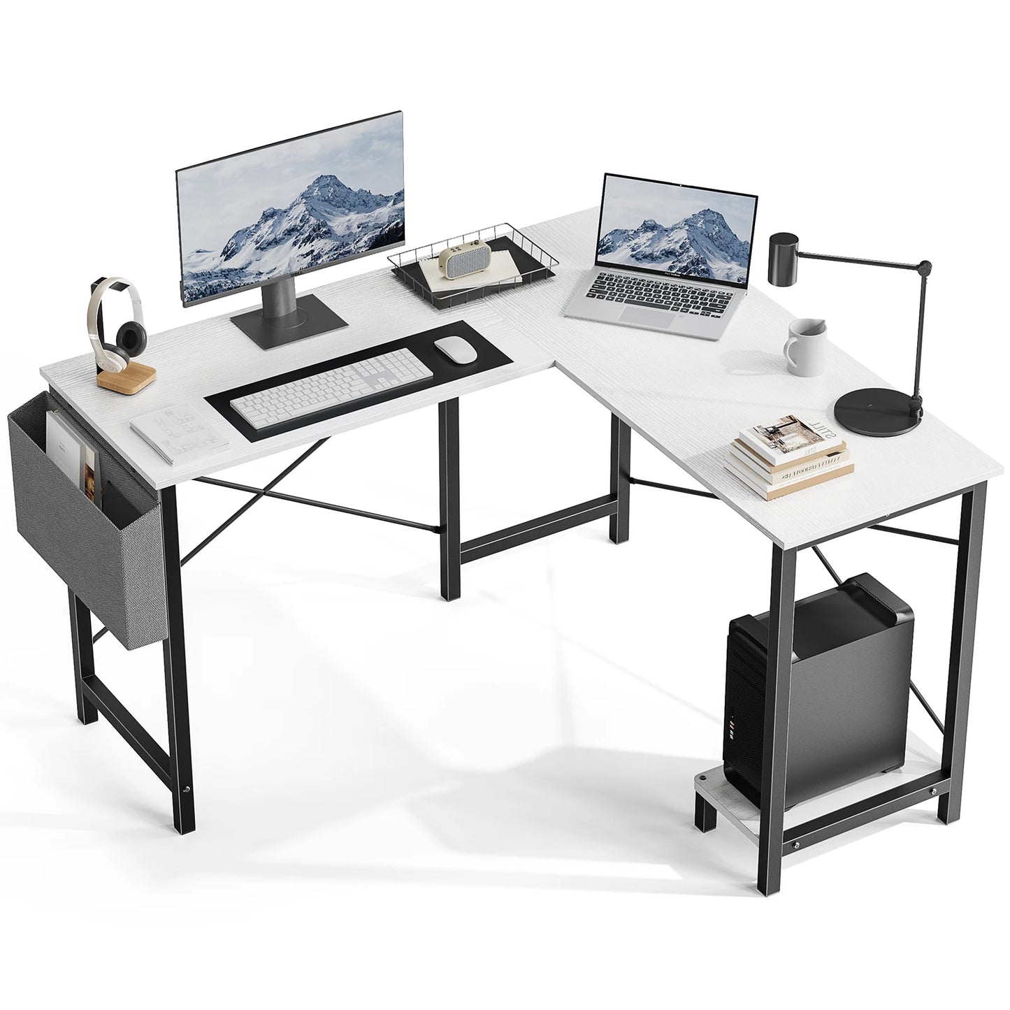 JHK 50-Inch L-Shaped Gaming Desk with CPU Shelf & Side Bag | Space-Saving Office Writing Table for Home, Bedroom, and Small Spaces