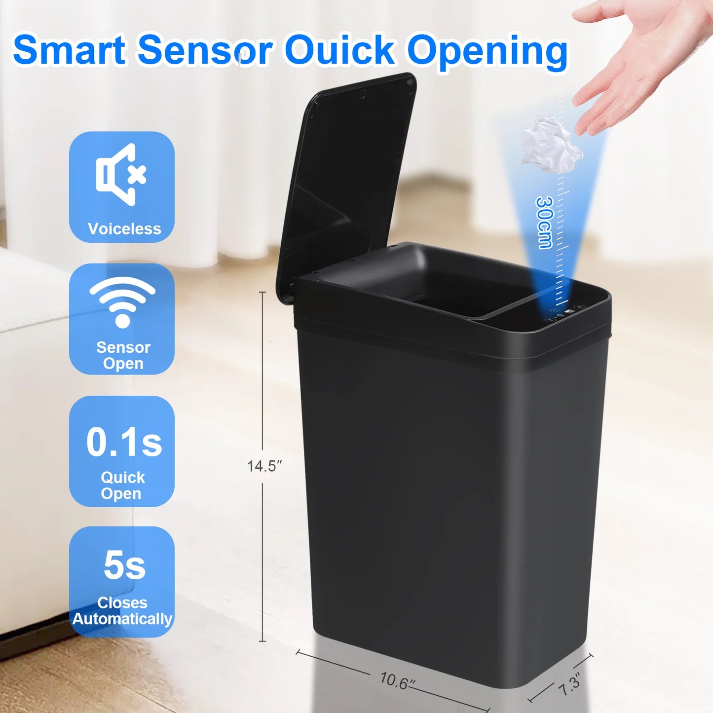 18L Black Bathroom Automatic Trash Can Touchless Smart Motion Sensor Garbage Can with Lids for Bedroom Living Room Office