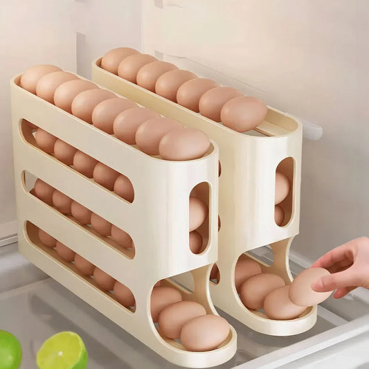 4-Layer Automatic Rolling Egg Holder – Fridge Storage Box & Dispenser for Kitchen Organization