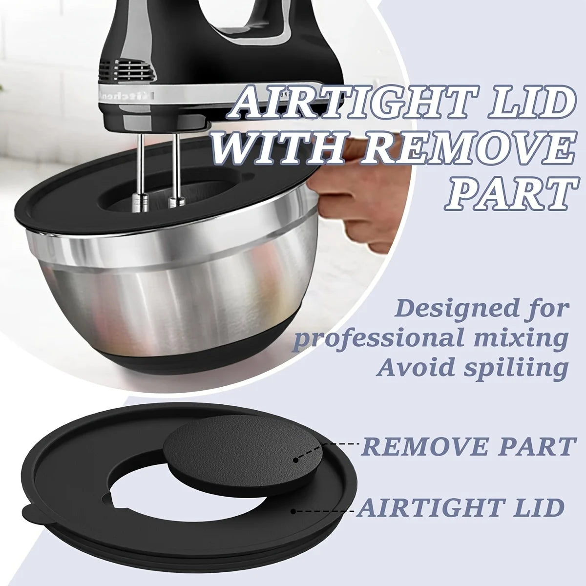 8-Piece Stainless Steel Mixing Bowl Set with Airtight Lids | Non-Slip Bottoms, Black Kitchen Bowls for Baking & Serving