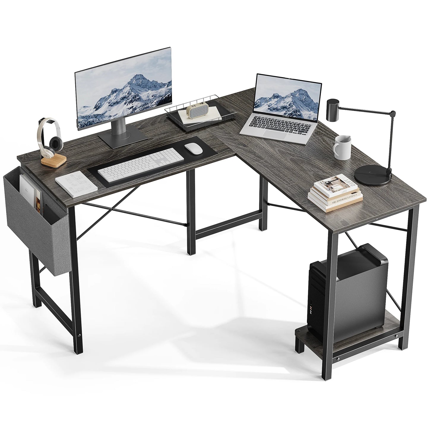 JHK 50-Inch L-Shaped Gaming Desk with CPU Shelf & Side Bag | Space-Saving Office Writing Table for Home, Bedroom, and Small Spaces