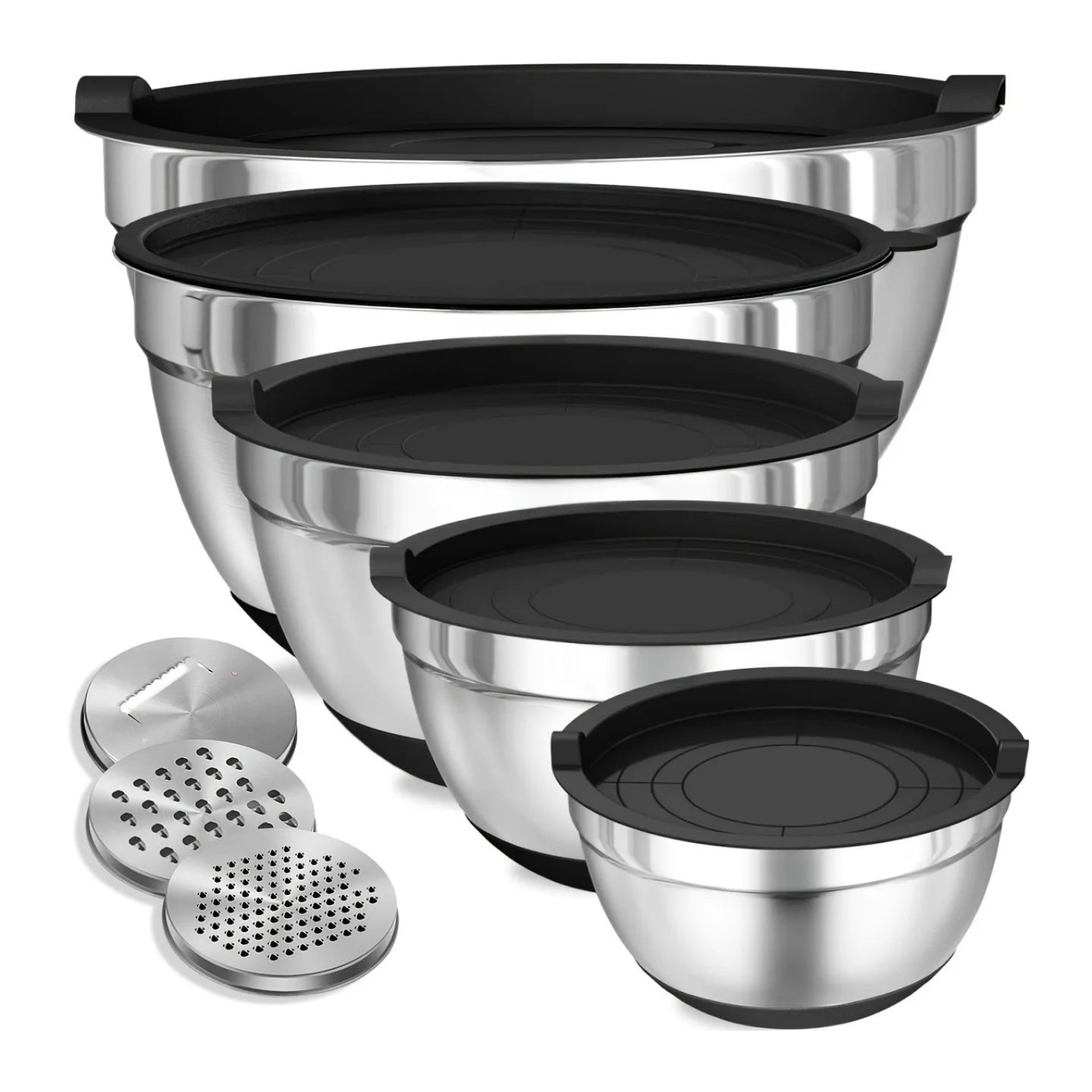 8-Piece Stainless Steel Mixing Bowl Set with Airtight Lids | Non-Slip Bottoms, Black Kitchen Bowls for Baking & Serving