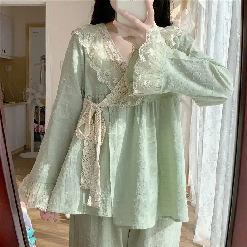 New V-neck Tied Pajama Set for Women Spring Autumn Tops Long Sleeved Pants Lace Lace Pajamas