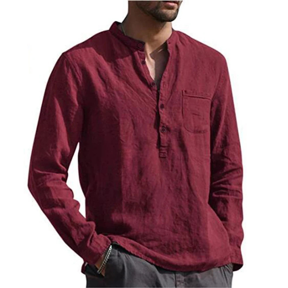 Cotton Linen Hot Sale Men's Long-Sleeved Shirts Summer Solid Color  Stand-Up Collar Casual Beach Style Plus Size
