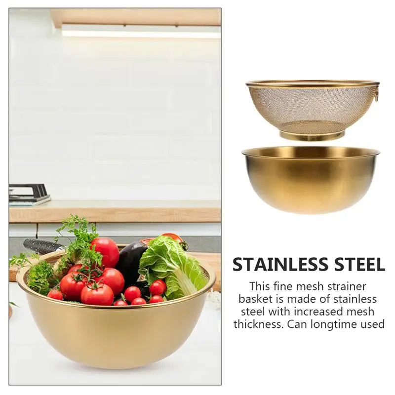 Stainless steel colander and bowl set for kitchen use. Includes colander/strainer basket and washing bowl for rice, etc