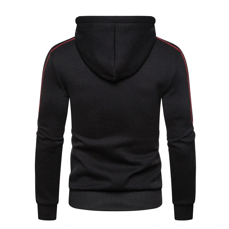 Men's color block fleece hoodie in black, white, army green, and red. Perfect for cool casual winter wear.