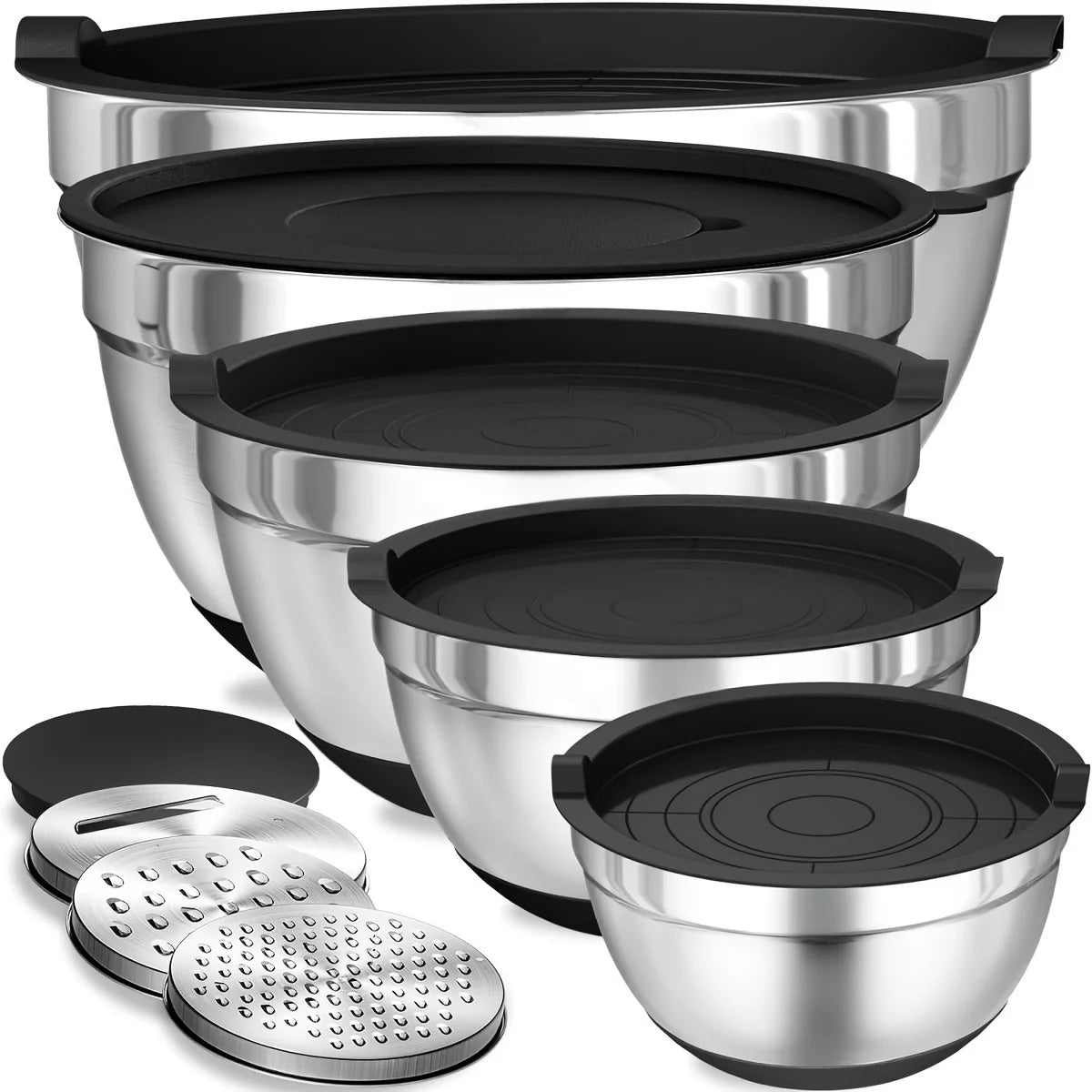 8-Piece Stainless Steel Mixing Bowl Set with Airtight Lids | Non-Slip Bottoms, Black Kitchen Bowls for Baking & Serving