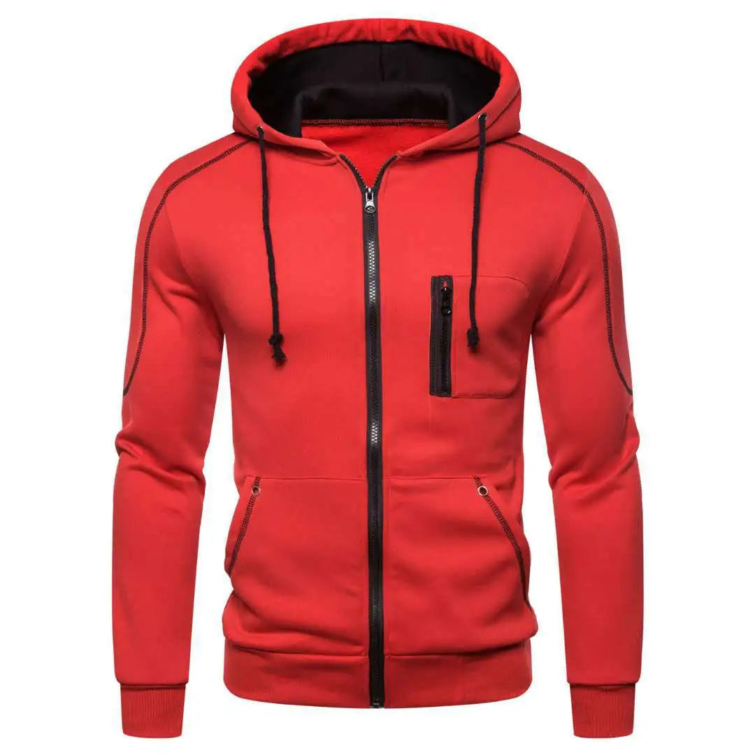Men's color block fleece hoodie in black, white, army green, and red. Perfect for cool casual winter wear.