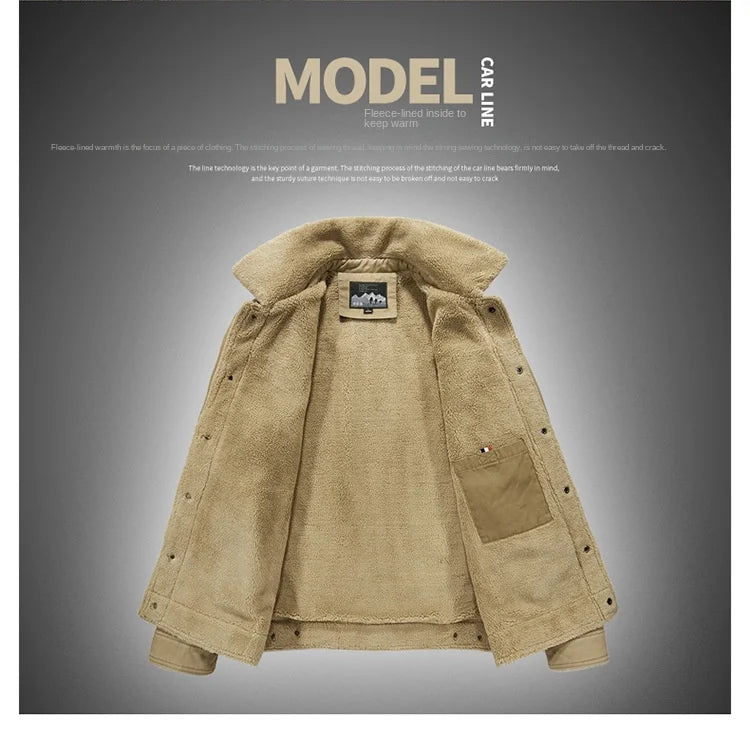 Winter Fleece-lined Denim Jacket Men's High Quality Thickened Lambswool Warm Parka Outdoor Hiking Camping Cold-proof Work Coat