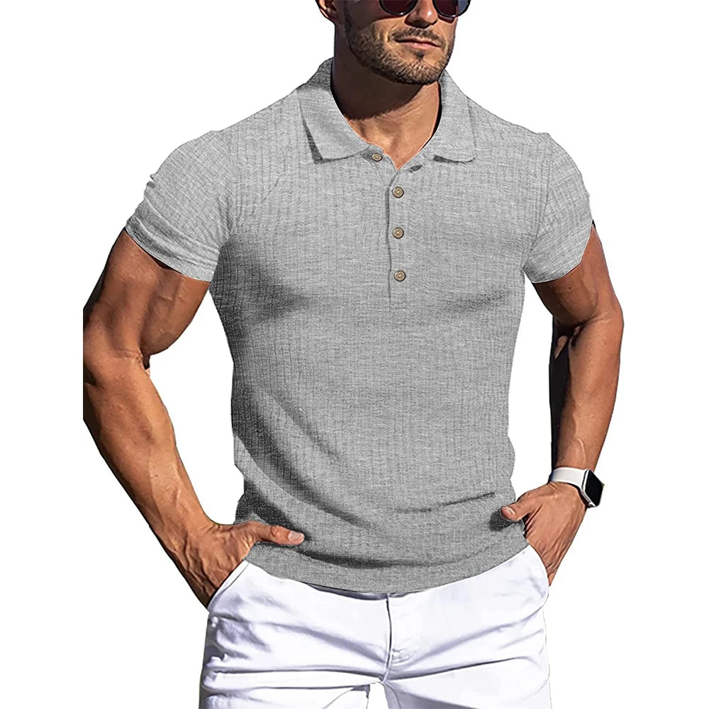 New Summer Men's Polo: Solid Stripe Design, Elasticity, Short Sleeve, Fashion Stand Collar Shirt for Men