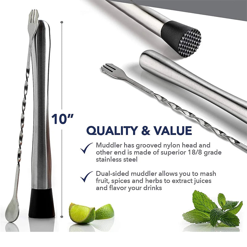 LMETJMA 10 Inch Stainless Steel Mixing Utensil and Stirring Spoon Professional Beverage Muddler Set for Mixed Drinks JT201