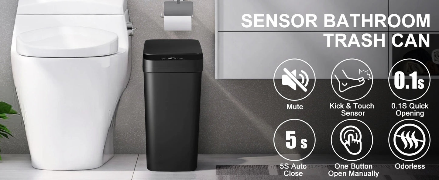 18L Black Bathroom Automatic Trash Can Touchless Smart Motion Sensor Garbage Can with Lids for Bedroom Living Room Office