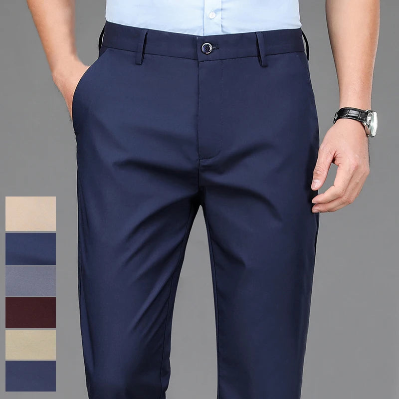 Black stretch men's trousers suitable for smart casual office wear. Quick-drying fabric makes them ideal for spring and autumn. Korean-style straight cut