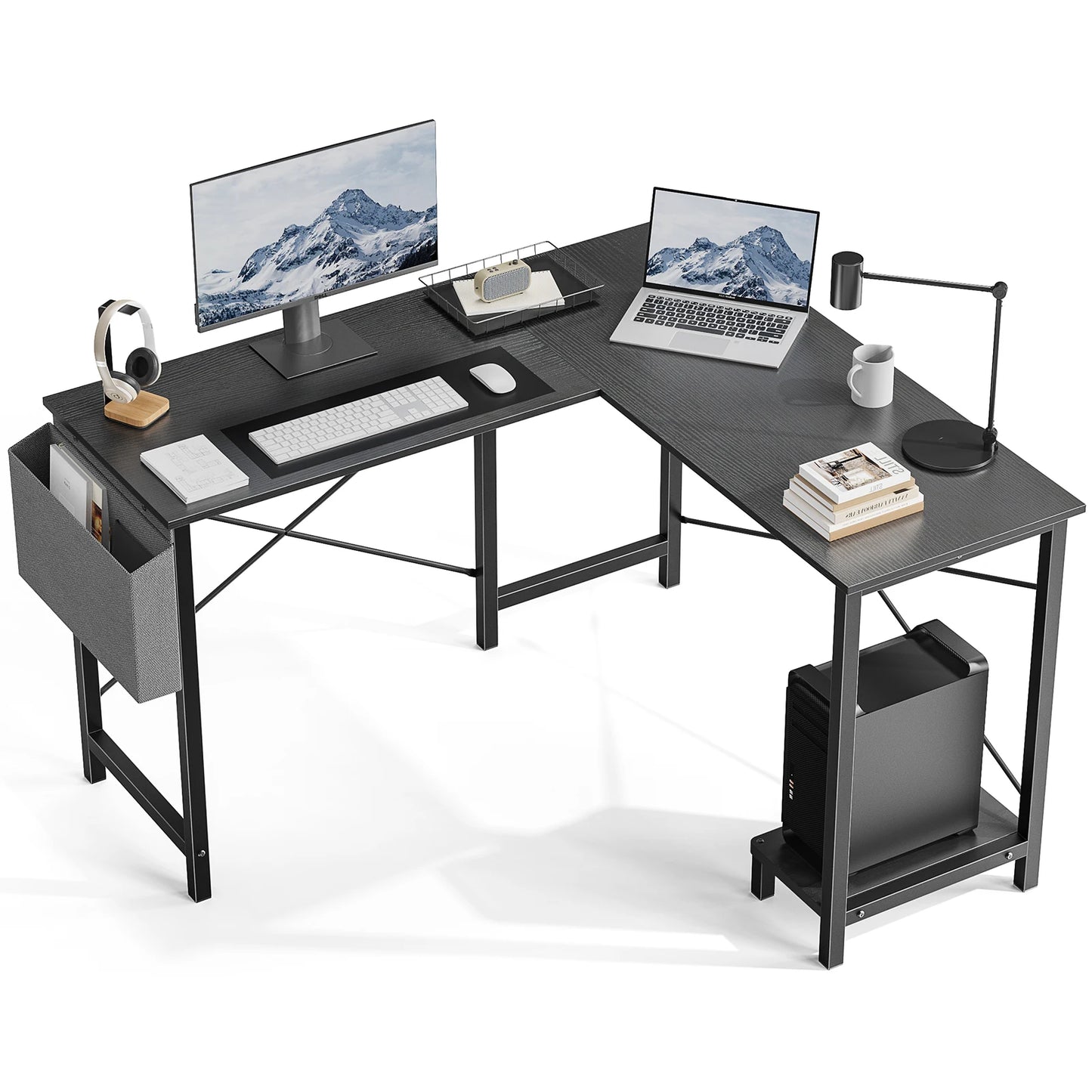 JHK 50-Inch L-Shaped Gaming Desk with CPU Shelf & Side Bag | Space-Saving Office Writing Table for Home, Bedroom, and Small Spaces