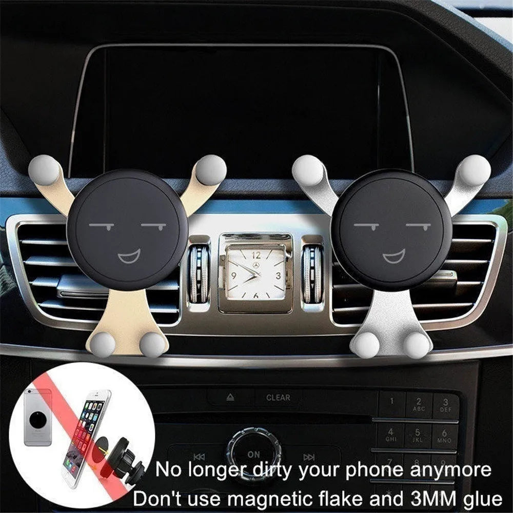 Gravity Car Phone Holder – Air Vent Clip, Smile Face Mount for iPhone, Samsung, Xiaomi, and GPS Support
