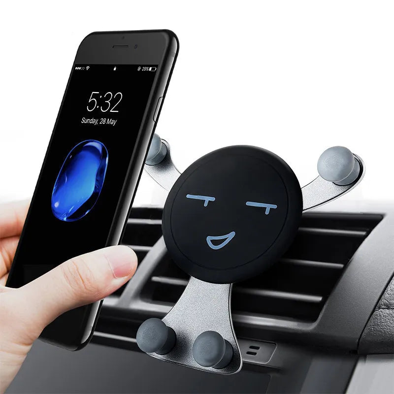 Gravity Car Phone Holder – Air Vent Clip, Smile Face Mount for iPhone, Samsung, Xiaomi, and GPS Support