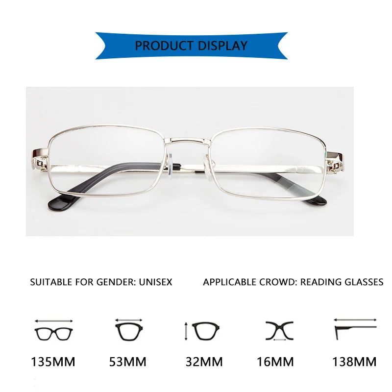Real Glass Lens Square Reading Glasses - Men and Women Full Frame Presbyopic Eyewear +1.5, +2.0, +2.5 Diopter Anti-Scratch