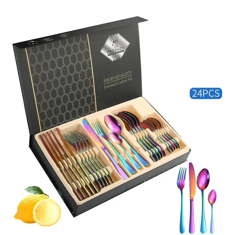 Gold Silverware Set with Box, 16/24-Piece Stainless Steel Gold Flatware Housewarming Cutlery Gift Set, Kitchen Utensils Knife Fo