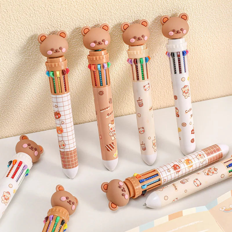 10-Color Ballpoint Pen, Cartoon Bear, 0.5mm, Colorful Ink, Silicone, Kawaii, School/Office Supplies, Korean Stationery