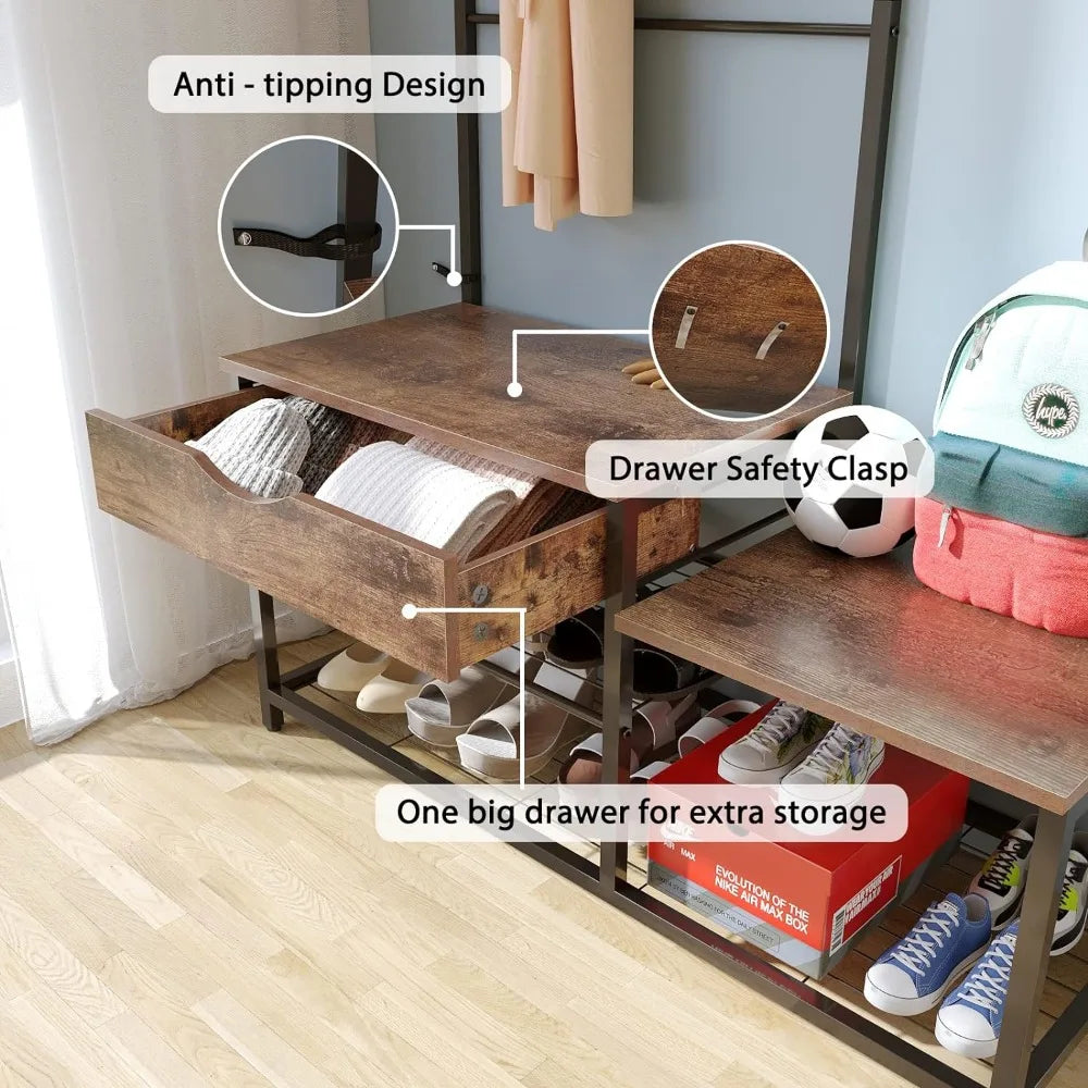 Floor Coat Rack for Bags Entryway Bench With Coat Rack Parent-Child Hall Tree With Entryway Bench and Shoe Storage Stand Hanger