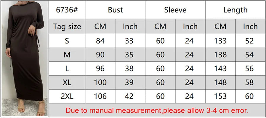 Muslim Abaya Women Bottoming Shirt Robe Solid Color Arab Long Sleeved Soft Cozy Round Neck Long Dress Robe