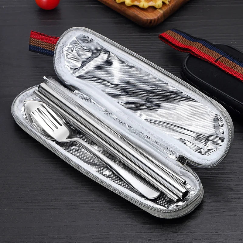 8Pcs/set Tableware Reusable Travel Cutlery Set Camp Utensils Set with stainless steel Spoon Fork Chopsticks Straw Portable case
