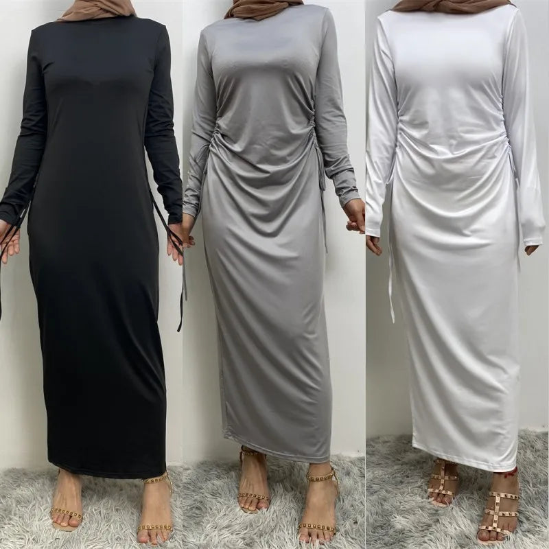 Muslim Abaya Women Bottoming Shirt Robe Solid Color Arab Long Sleeved Soft Cozy Round Neck Long Dress Robe