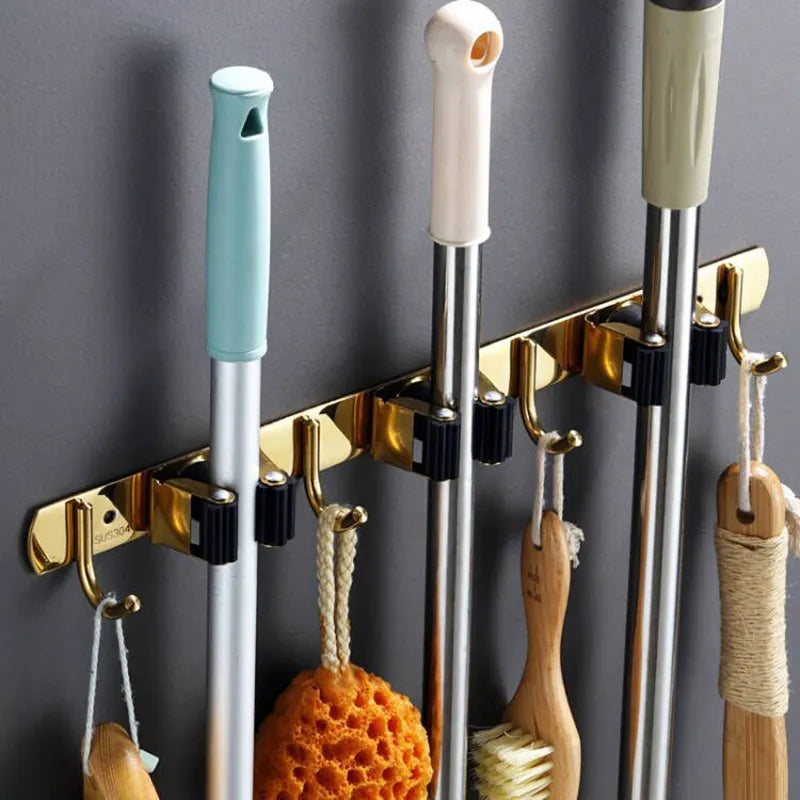 Wall Mount Mop and Broom Organizer with Stainless Steel Hooks for Kitchen and Bathroom