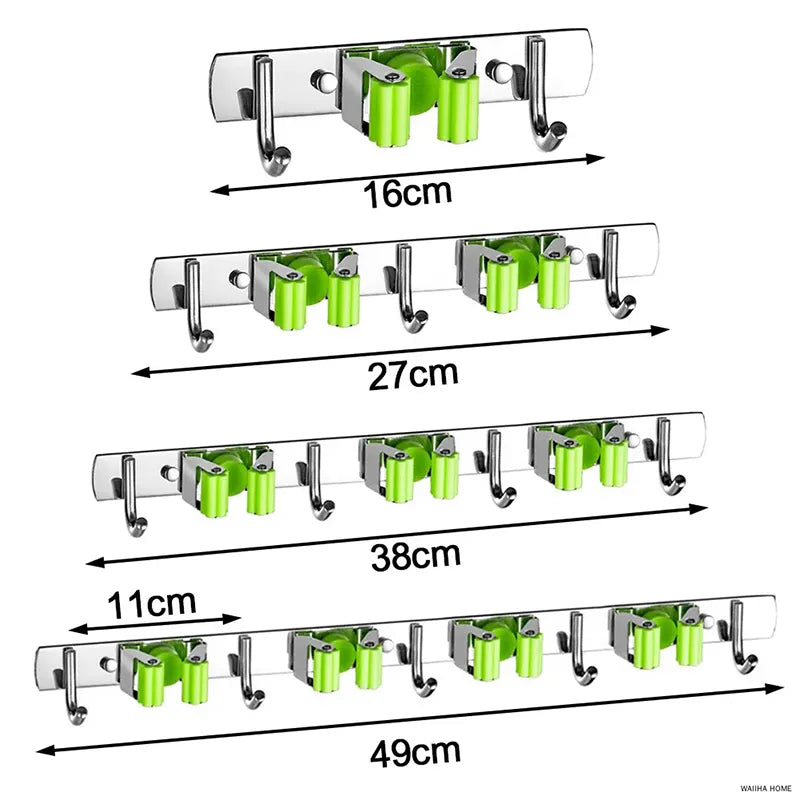 Wall Mount Mop and Broom Organizer with Stainless Steel Hooks for Kitchen and Bathroom