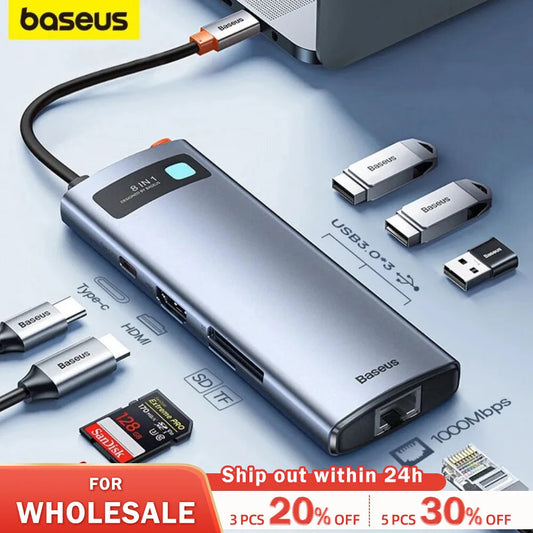 Baseus 4K 60Hz USB C Hub Type C to Ethernet Port PD 100W Adapter for Macbook Pro USB 3.0 Hub Laptop Tablet Accessories