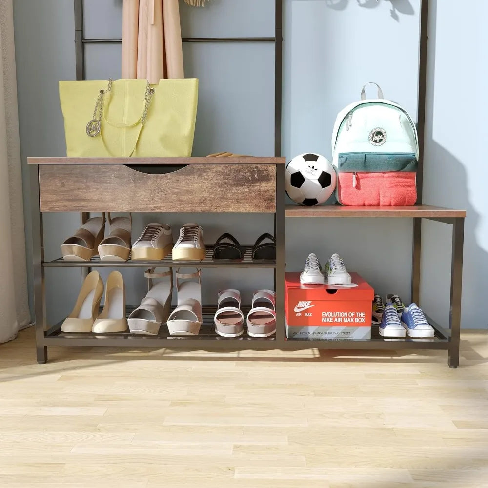 Floor Coat Rack for Bags Entryway Bench With Coat Rack Parent-Child Hall Tree With Entryway Bench and Shoe Storage Stand Hanger