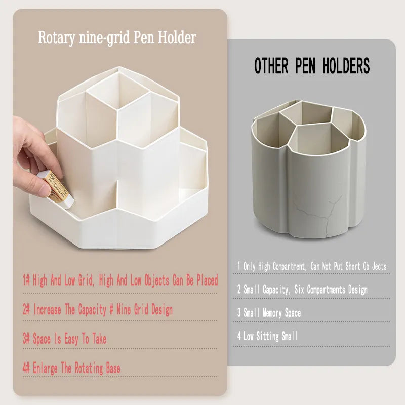 360° Rotatable Large Desk Pen Holder with 9-Grid Storage, Ideal for School and Office Stationery Organization