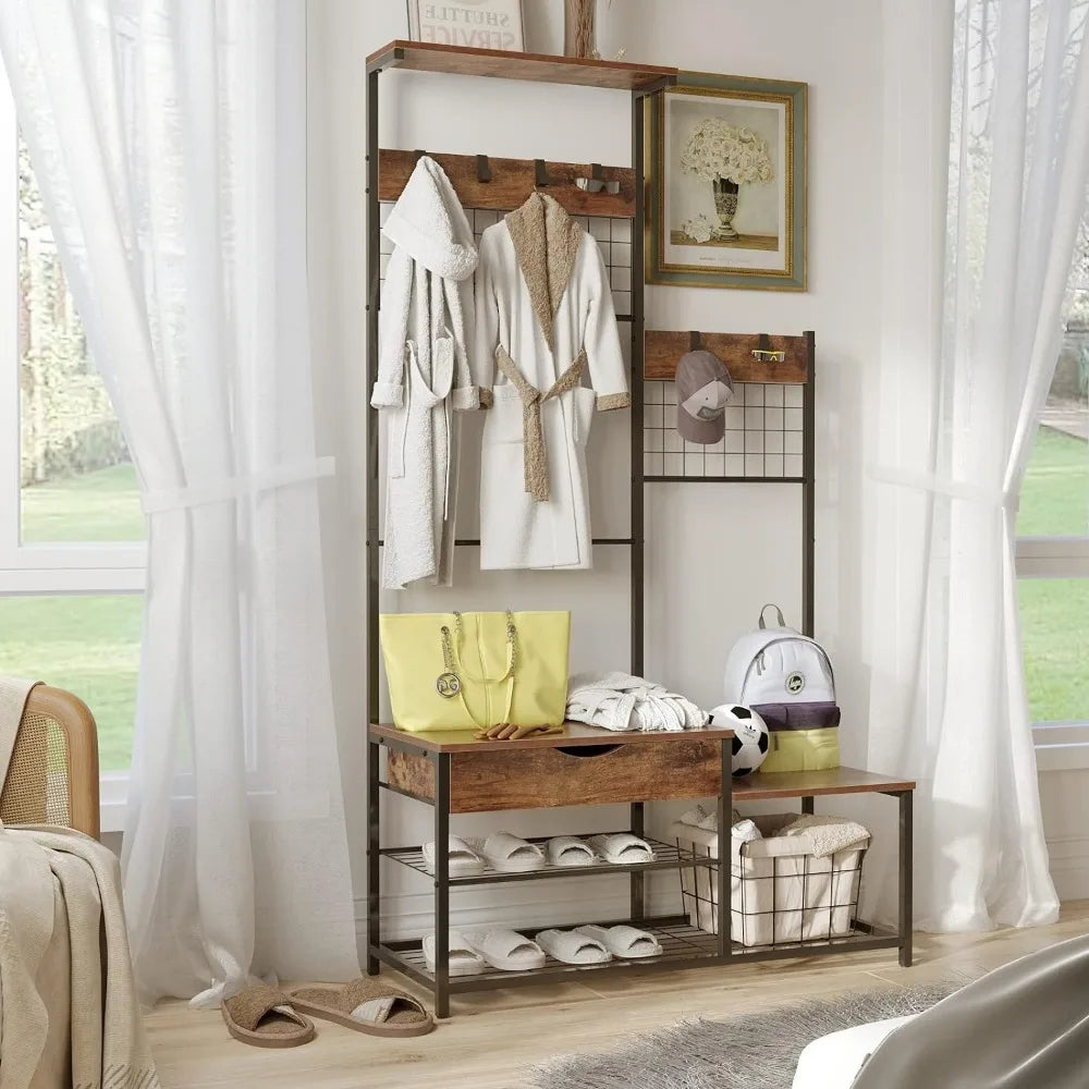 Floor Coat Rack for Bags Entryway Bench With Coat Rack Parent-Child Hall Tree With Entryway Bench and Shoe Storage Stand Hanger