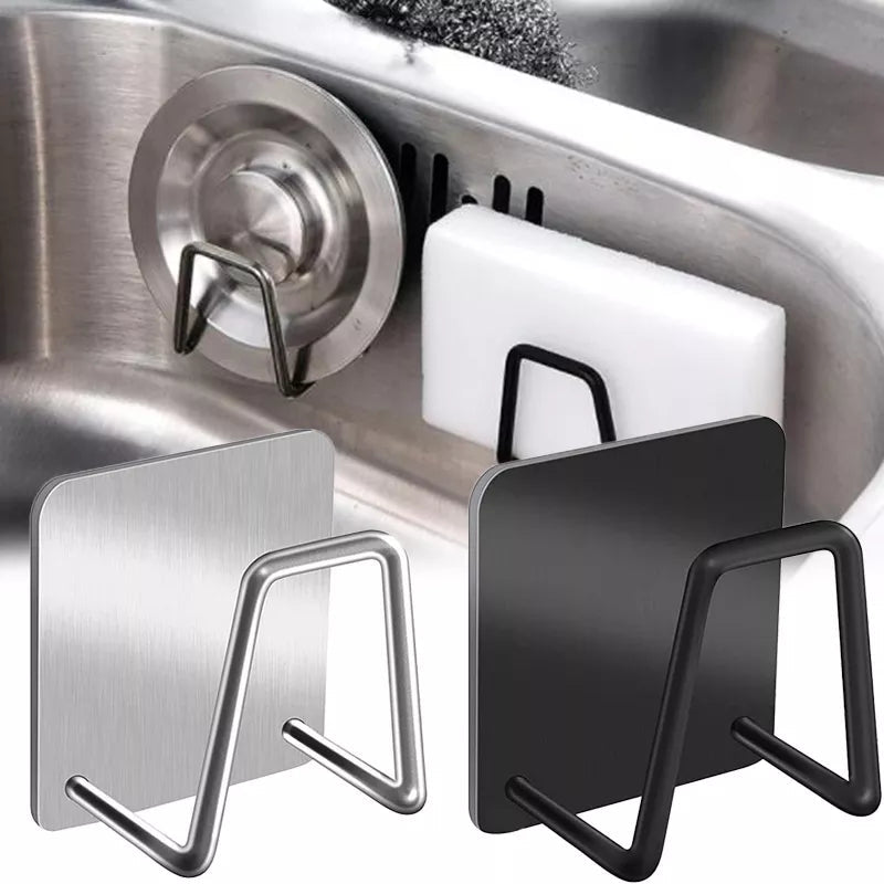 Stainless Steel Kitchen Sink Shelf with Adhesive Hooks for Sponges and Storage