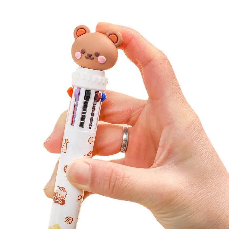 10-Color Ballpoint Pen, Cartoon Bear, 0.5mm, Colorful Ink, Silicone, Kawaii, School/Office Supplies, Korean Stationery