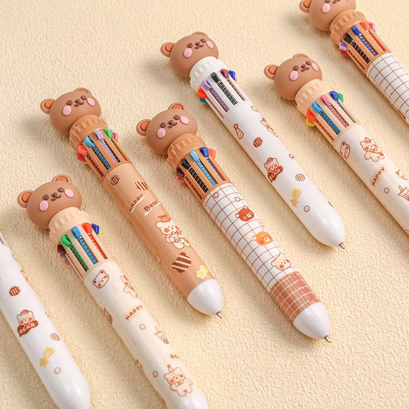 10-Color Ballpoint Pen, Cartoon Bear, 0.5mm, Colorful Ink, Silicone, Kawaii, School/Office Supplies, Korean Stationery