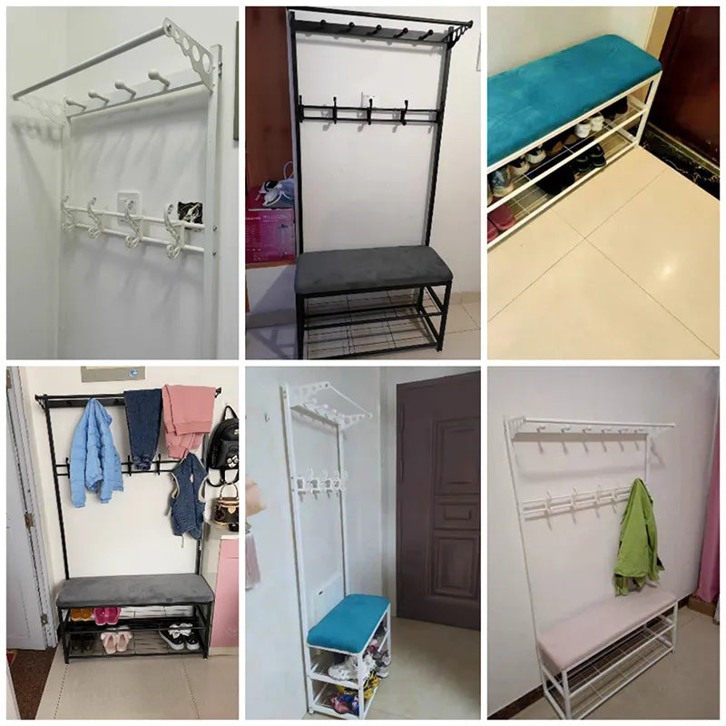 Coat Rack And Shoe Bench Bedroom Porch Hanging Clothes Rack With Shoe Changing Stool Wardrobe Clothing Household Entryway Bench