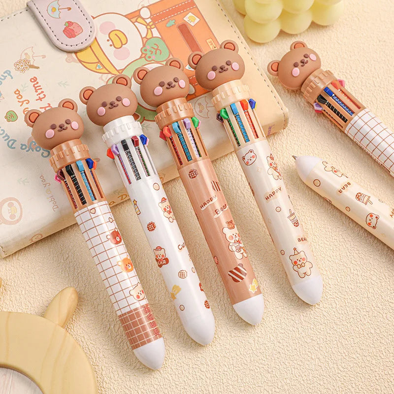 10-Color Ballpoint Pen, Cartoon Bear, 0.5mm, Colorful Ink, Silicone, Kawaii, School/Office Supplies, Korean Stationery