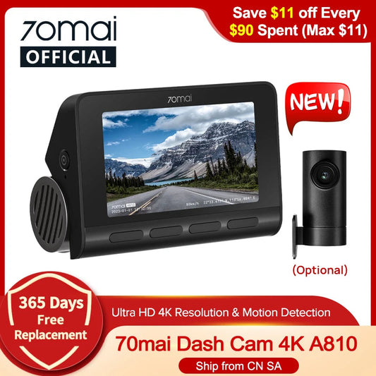 Global 70mai Dash Cam A810 Ultra HD 4K Built-in GPS ADAS Auto Record 150FOV Motion Detection 70mai A810 Car DVR Support Rear Cam
