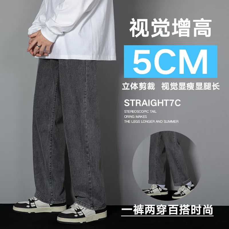 New Korean Men's Casual Long Jeans Classic Man Straight Denim Wide-leg Pants Solid Color Light Blue Grey Black 3XL