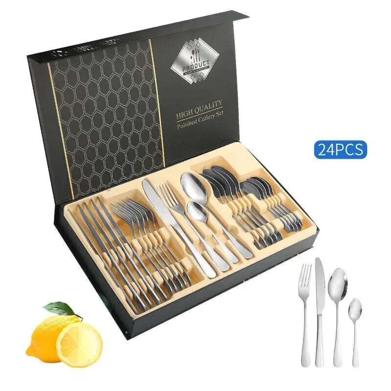 Gold Silverware Set with Box, 16/24-Piece Stainless Steel Gold Flatware Housewarming Cutlery Gift Set, Kitchen Utensils Knife Fo
