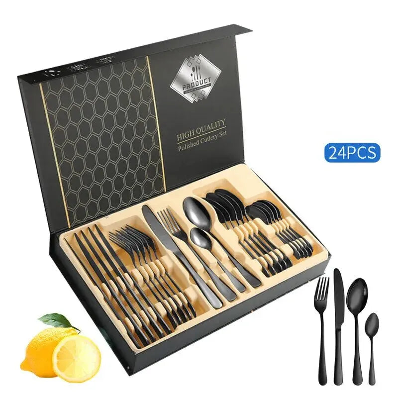Gold Silverware Set with Box, 16/24-Piece Stainless Steel Gold Flatware Housewarming Cutlery Gift Set, Kitchen Utensils Knife Fo