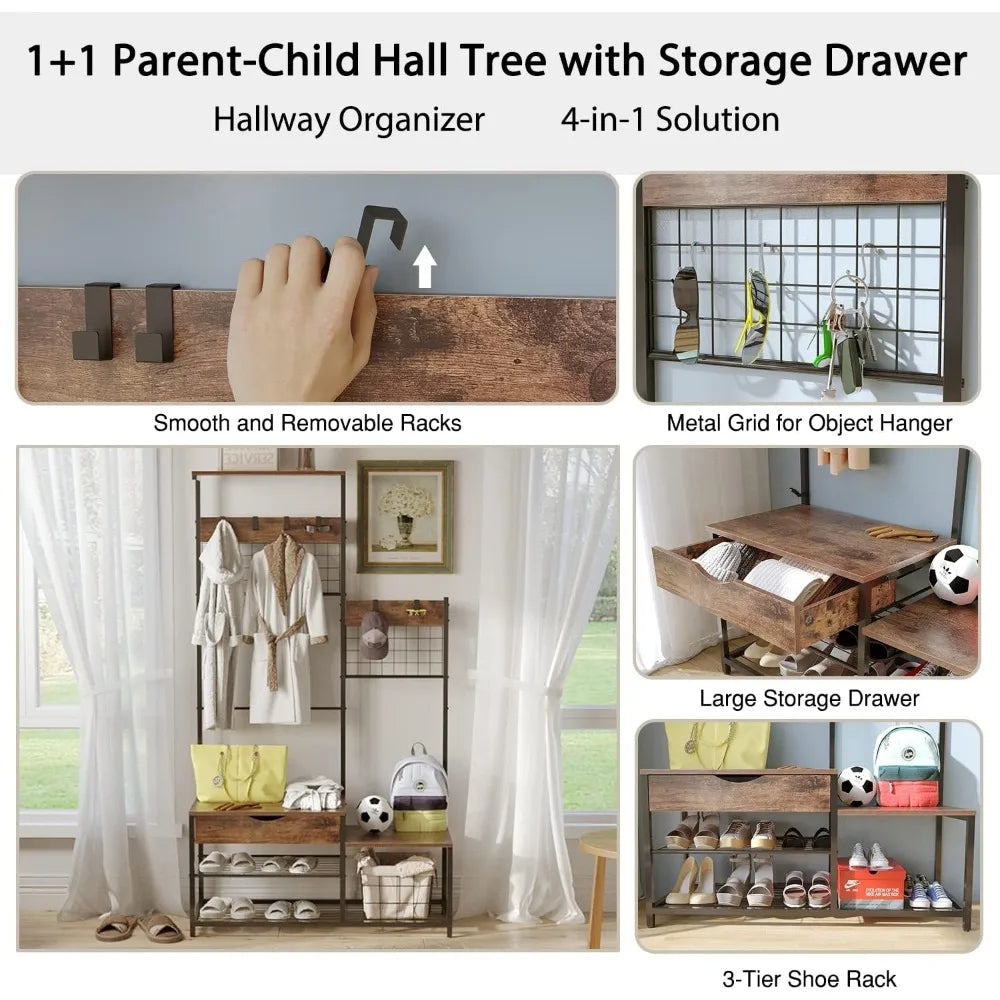 Floor Coat Rack for Bags Entryway Bench With Coat Rack Parent-Child Hall Tree With Entryway Bench and Shoe Storage Stand Hanger