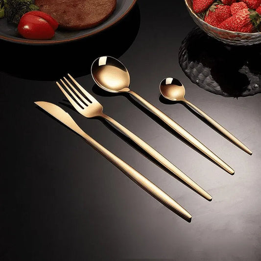 24pcs Gold Dinnerware Set Stainless Steel Steak Knife Fork Coffee Spoon Teaspoon Flatware Dishwasher Safe Kitchen Tablewar