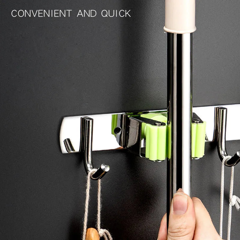 Wall Mount Mop and Broom Organizer with Stainless Steel Hooks for Kitchen and Bathroom