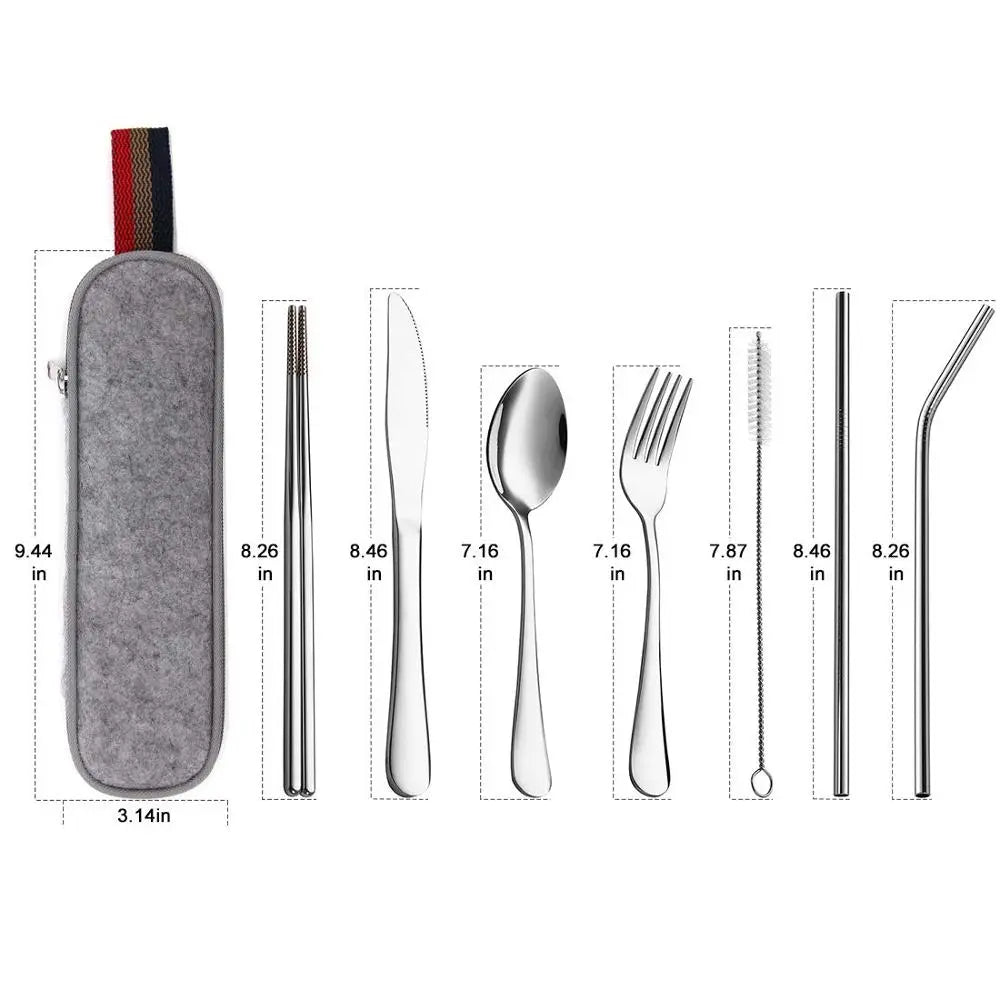 8Pcs/set Tableware Reusable Travel Cutlery Set Camp Utensils Set with stainless steel Spoon Fork Chopsticks Straw Portable case