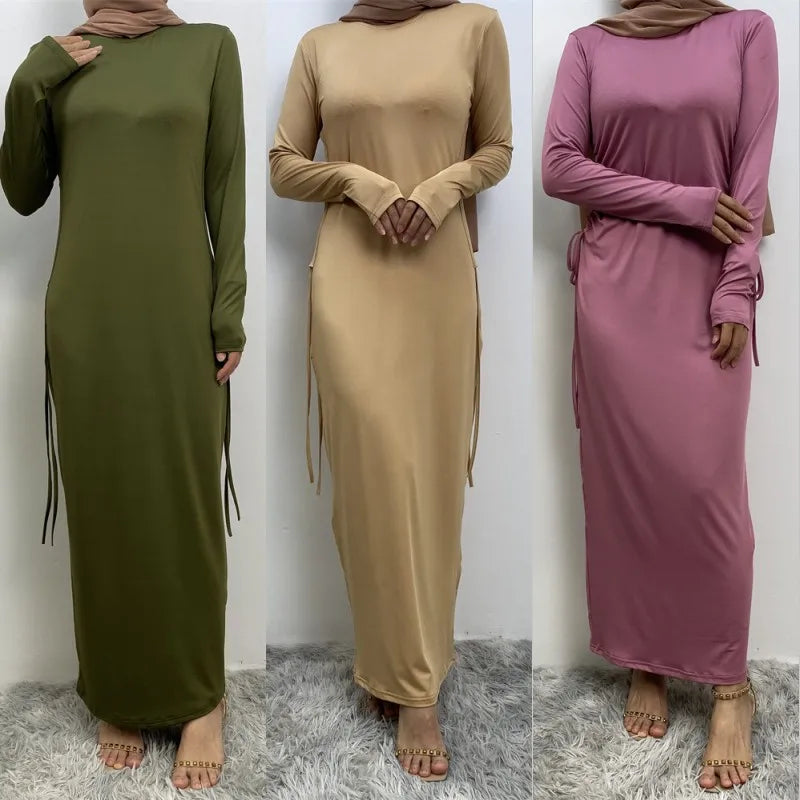 Muslim Abaya Women Bottoming Shirt Robe Solid Color Arab Long Sleeved Soft Cozy Round Neck Long Dress Robe