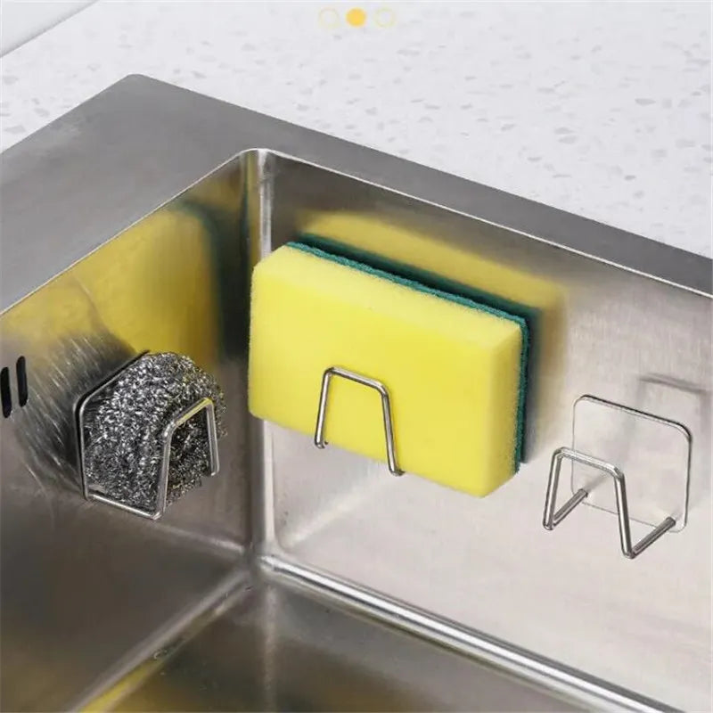 Stainless Steel Kitchen Sink Shelf with Adhesive Hooks for Sponges and Storage