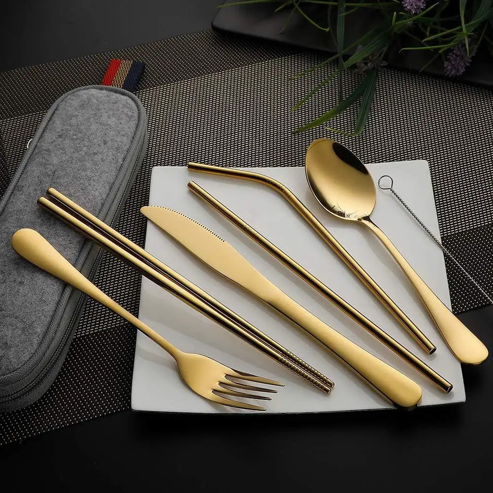 8Pcs/set Tableware Reusable Travel Cutlery Set Camp Utensils Set with stainless steel Spoon Fork Chopsticks Straw Portable case