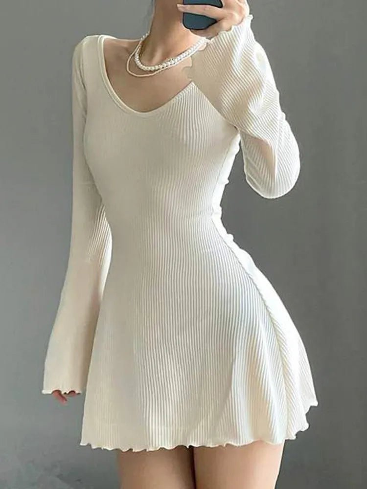 Knitting Elegant Dress For Women Spring Fall Solid Color V Neck Office Lady Irregular Hem Simple Basic Slim Dresses - Etawia Products